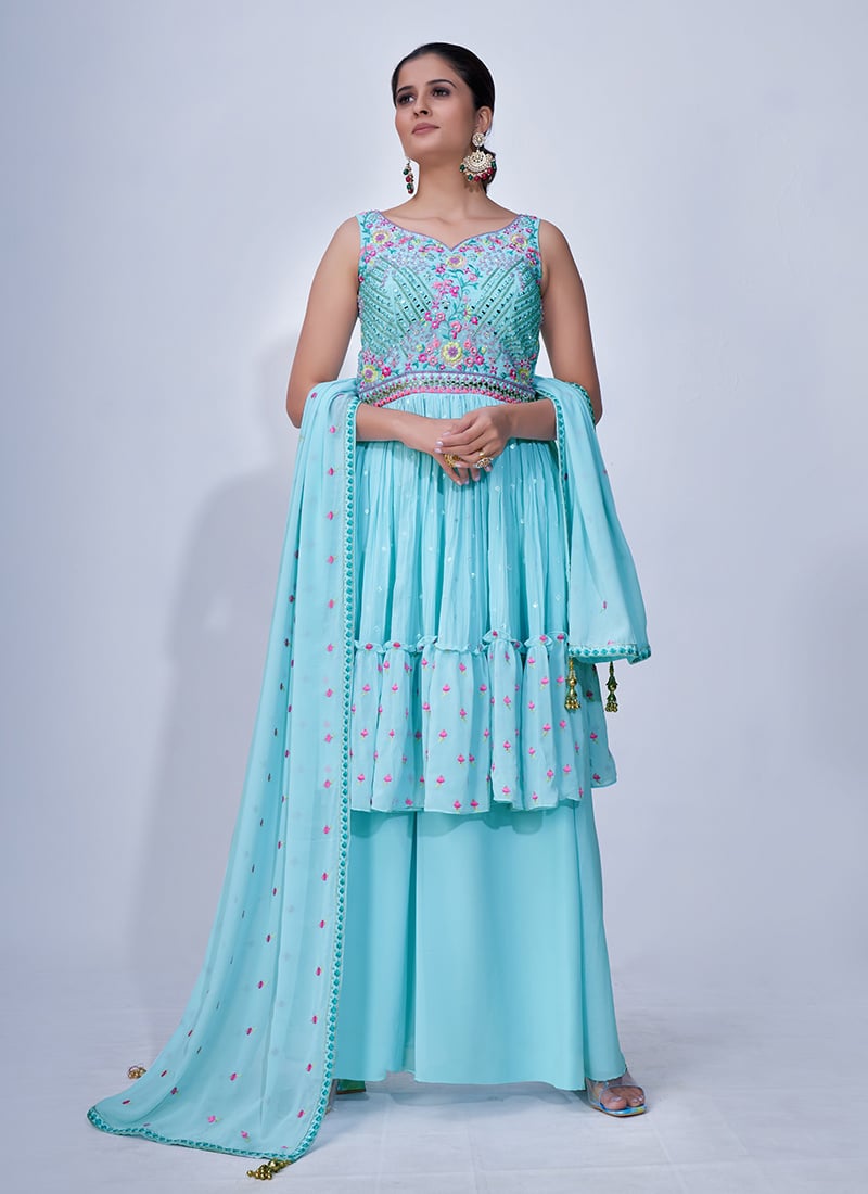 Blue Chiffon Mirror Embroidery Palazzo Suit Party Wear-SLSKA418737007