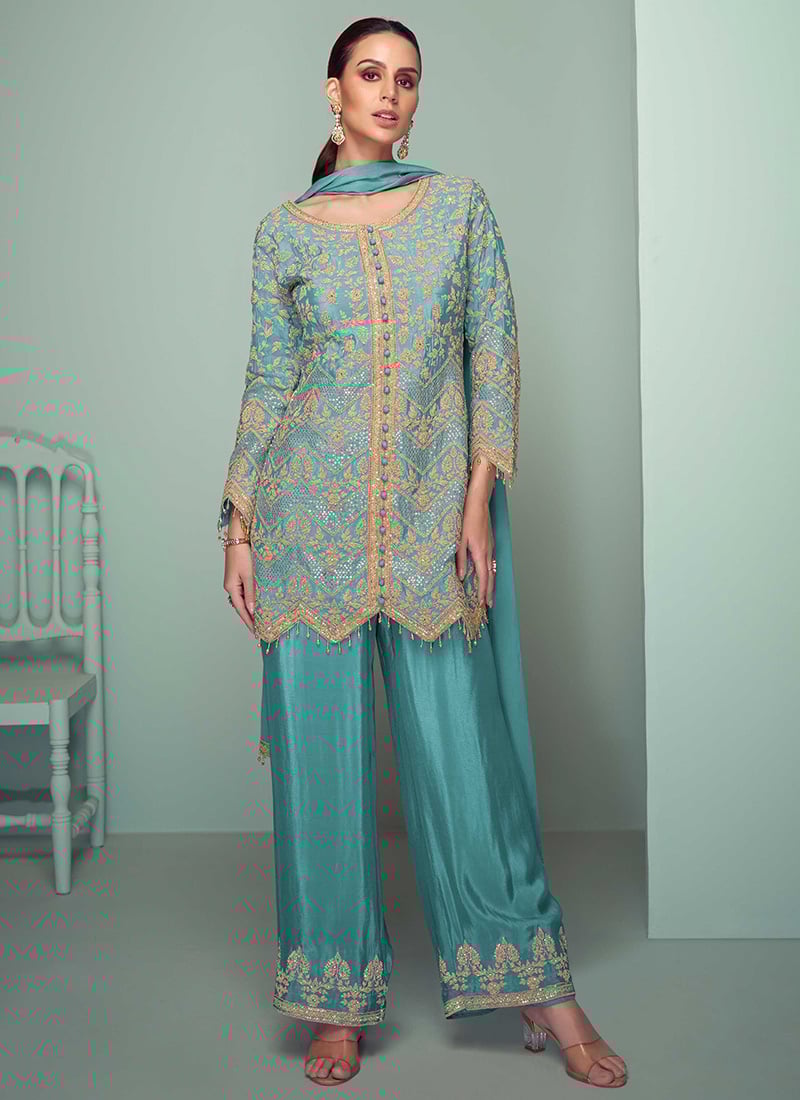 Blue Chinon Embroidered Sequins Palazzo Suit Festive Wear