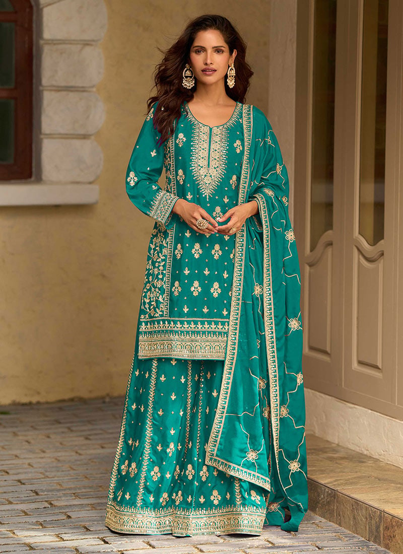 Blue Chinnon Silk Embroidered Sequins Palazzo Suit Festive Wear