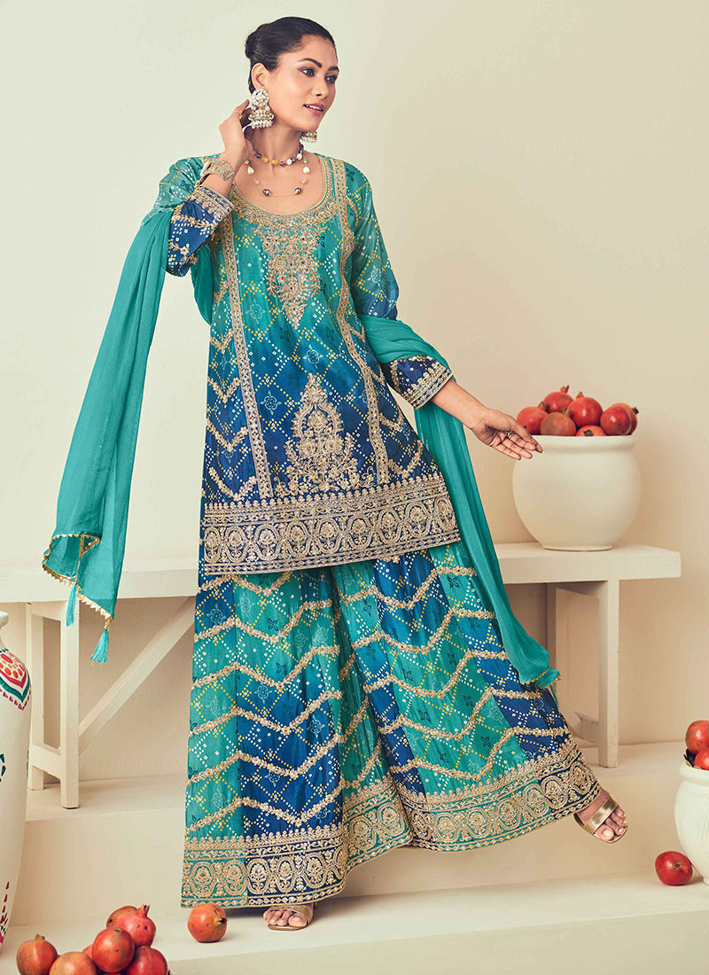 Blue Chinon Bandhini Print Embroidered Mirror Work Sequins Palazzo Suit