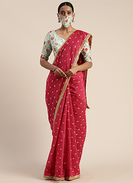 Blue Chinon Blouse N Pink Embroidered Saree