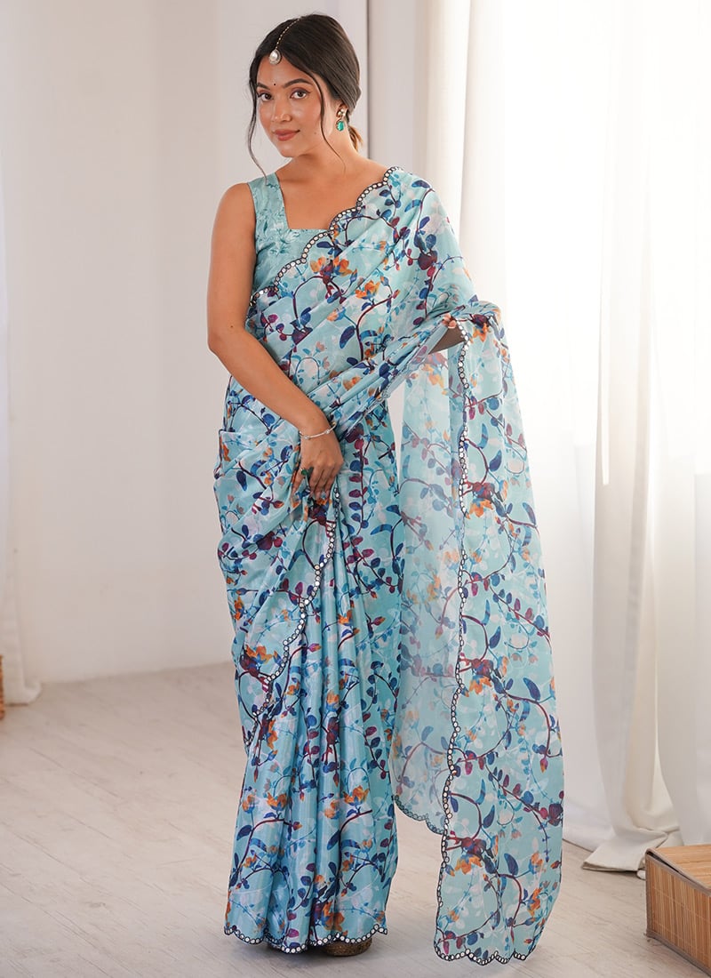 Blue Chinon Digital Print Foil Mirror Cut Work Saree After Six Wear