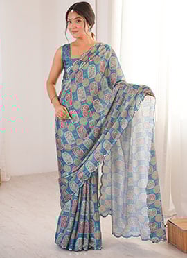 Blue Chinon Digital Print Foil Mirror Cut Work Saree