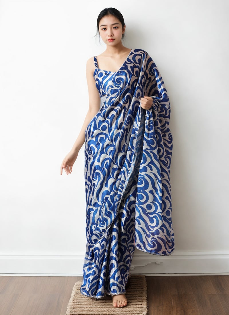 Blue Chinon Digital Print Pre Draped Saree After Six Wear