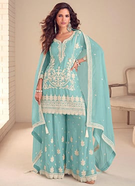 Blue Chinon Embroidered Hand Work Palazzo Suit