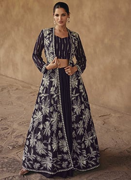 Blue Chinon Embroidered Indowestern Sets And Suits