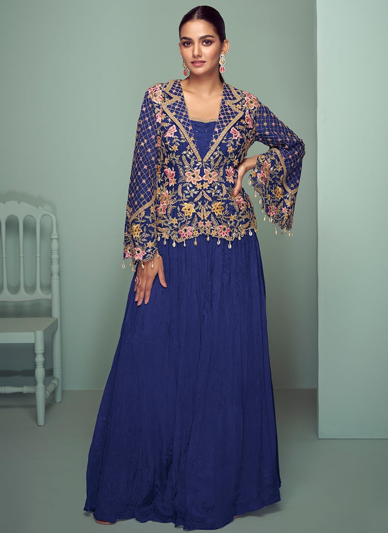 Blue Chinon Embroidered Indowestern Skirt Set Wedding Wear