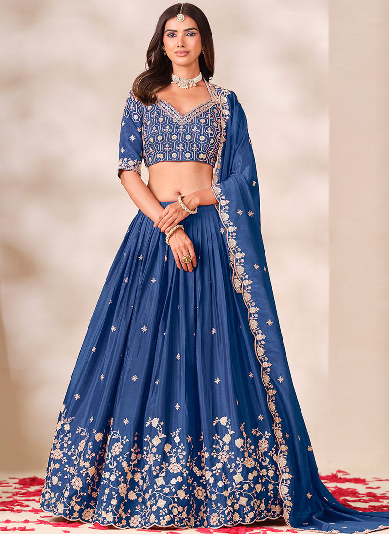 Blue Chinon Embroidered Lehenga After Six Wear