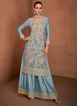 Blue Chinon Embroidered Mirror And Stone Work Sequins Palazzo Suit