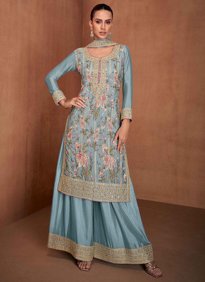 Blue Chinon Embroidered Mirror And Stone Work Sequins Palazzo Suit Festive Wear