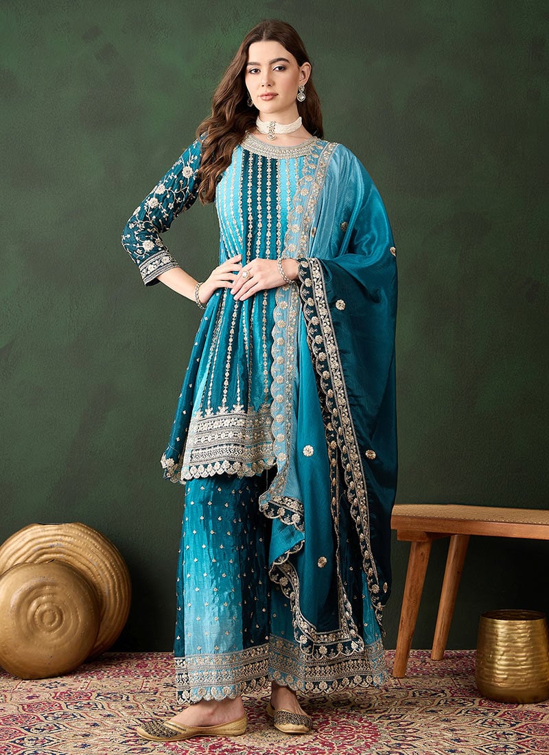 Blue Chinon Embroidered Pakistani Palazzo Suit Festive Wear