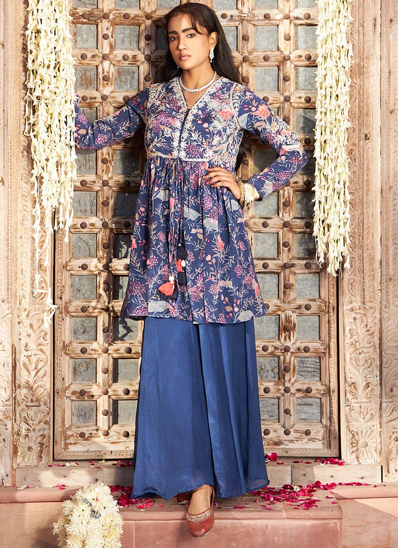 Blue Chinon Embroidered Printed Palazzo Suit Festive Wear