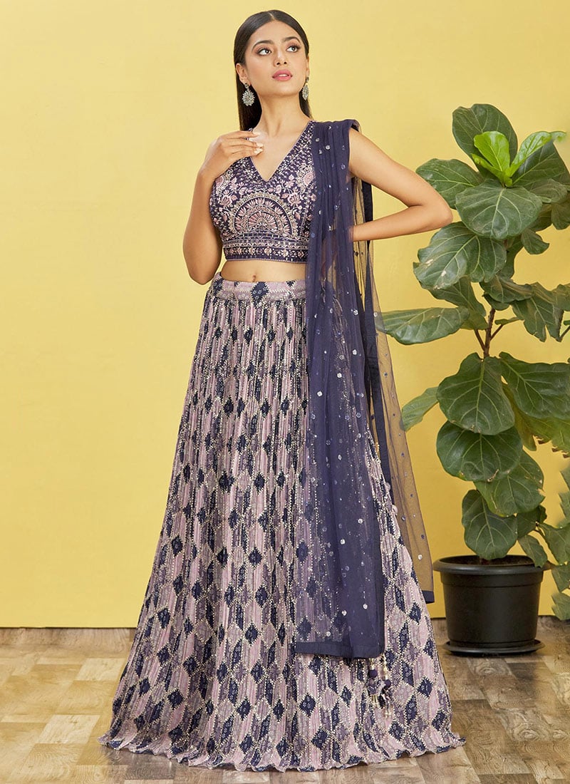 Purple Chinon Embroidered Printed Umbrella Lehenga Party Wear