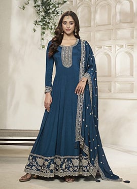 Blue Chinon Embroidered Sequins Anarkali Suit