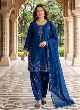 Blue Chinon Embroidered Sequins Farshi Suit