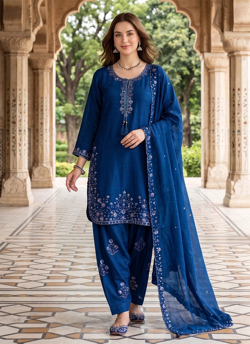 Blue Chinon Embroidered Sequins Farshi Suit Festive Wear