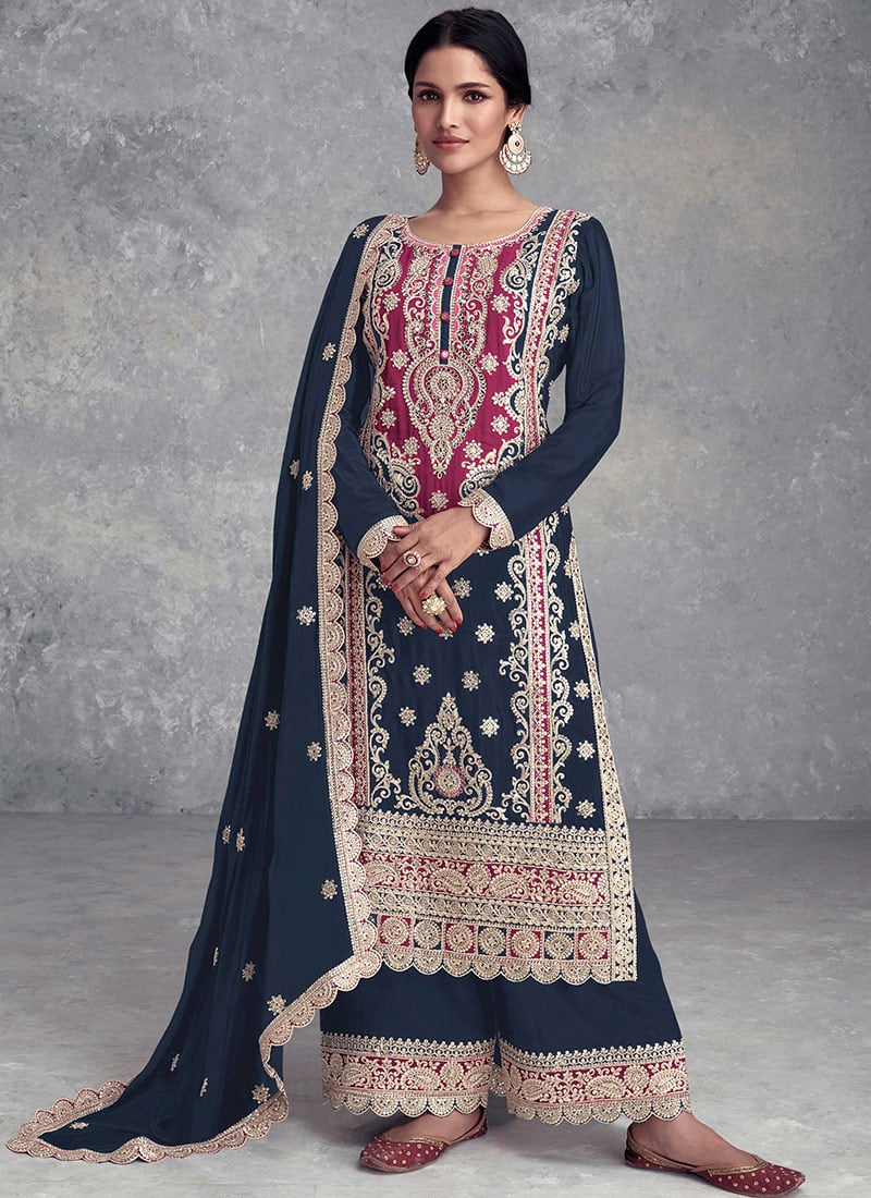 Blue Chinon Embroidered Sequins Gota Work Palazzo Suit For Effortless Style Wedding Wear