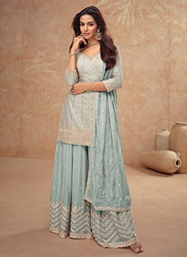 Blue Chinon Embroidered Sequins Pakistani Palazzo Suit