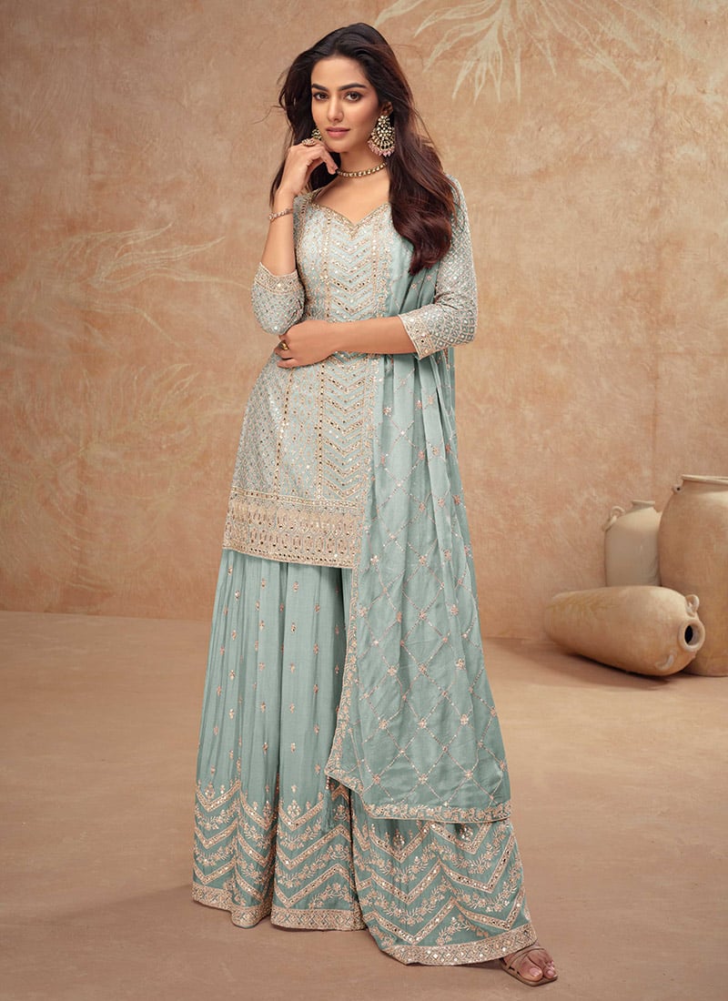 Blue Chinon Embroidered Sequins Pakistani Palazzo Suit Festive Wear