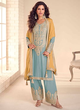 Blue Chinon Embroidered Sequins Pakistani Straight Pant Suit