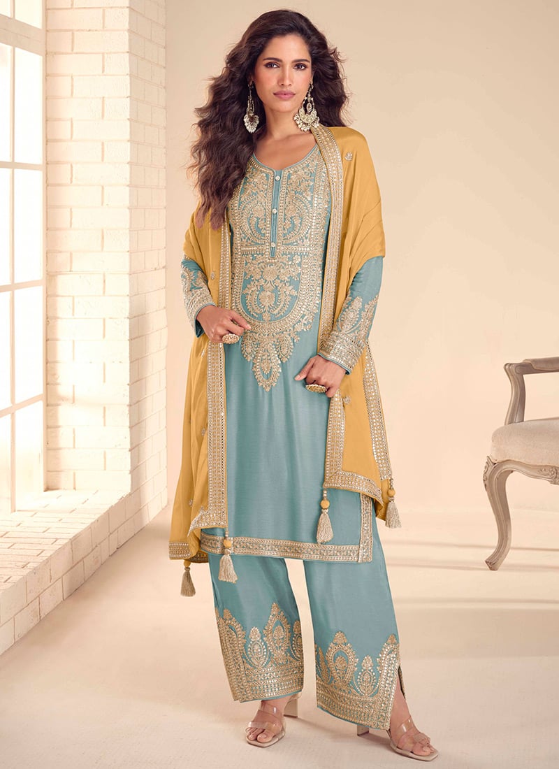 Blue Chinon Embroidered Sequins Pakistani Straight Pant Suit Festive Wear
