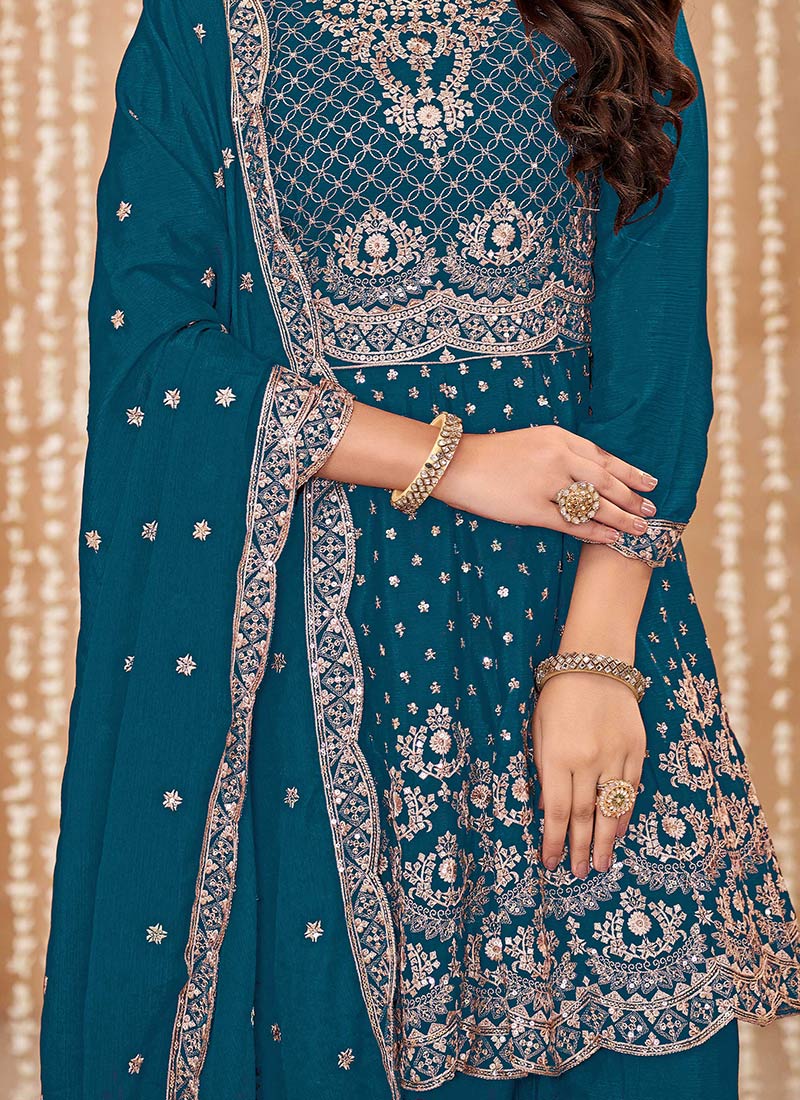 Cobalt Blue Readymade Embroidered Chinon Silk Palazzo Suit