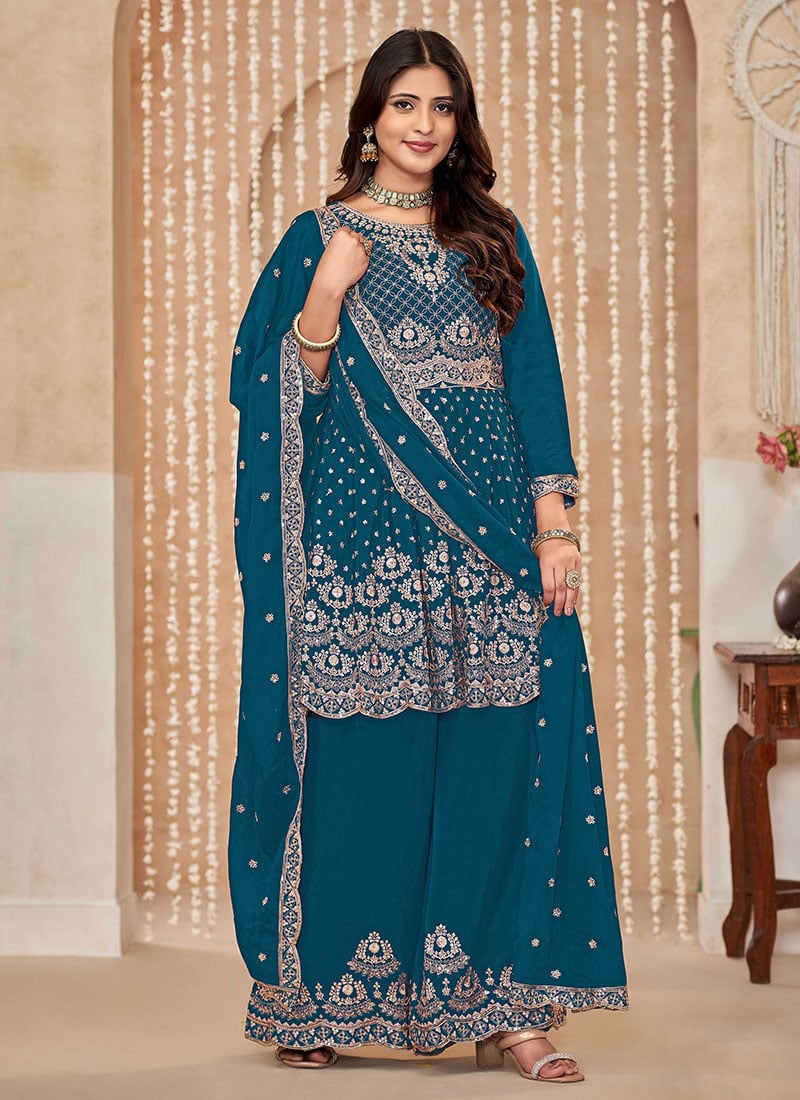 Blue Chinon Embroidered Sequins Palazzo Suit Festive Wear