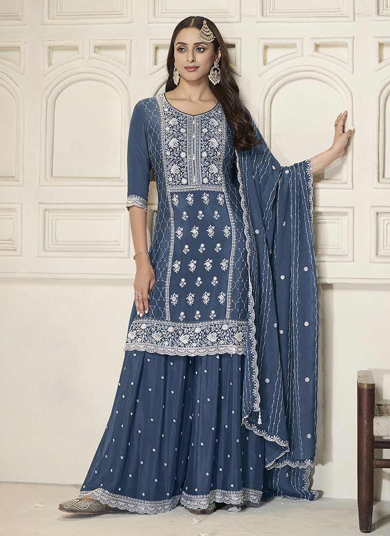 Blue Chinon Embroidered Sequins Palazzo Suit Festive Wear