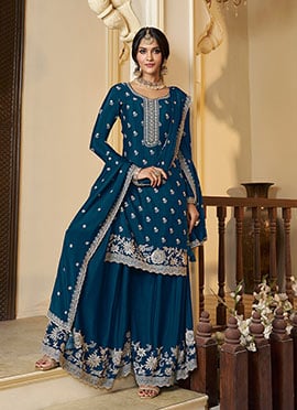 Blue Chinon Embroidered Sequins Palazzo Suit