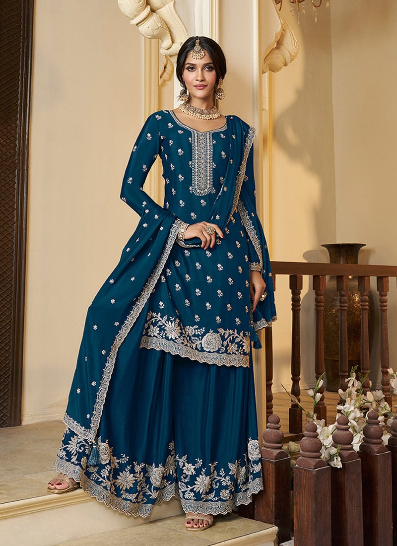 Blue Chinon Embroidered Sequins Palazzo Suit