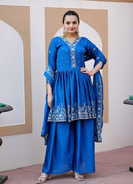Blue Chinon Embroidered Sequins Palazzo Suit With Peplum Top