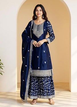 Blue Chinon Embroidered Sequins Sharara Suit