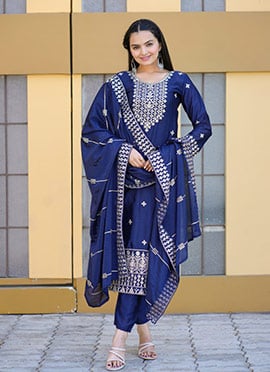 Blue Chinon Embroidered Sequins Straight Pant Suit