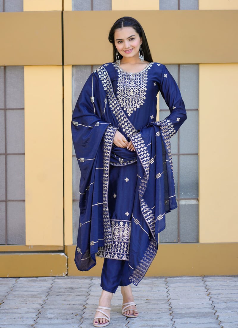 Blue Chinon Embroidered Sequins Straight Pant Suit Festive Wear