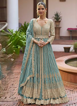 Blue Chinon Embroidered Sequins With Mirror Work Lehenga Set