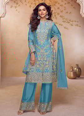 Blue Chinon Embroidered Sequins With Mirror Work Straight Pant Suit