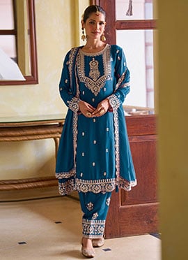 Blue Chinon Embroidered Stones Mirror Work Straight Pant Suit