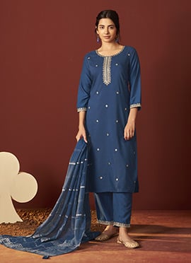 Blue Chinon Embroidered Straight Pant Suit