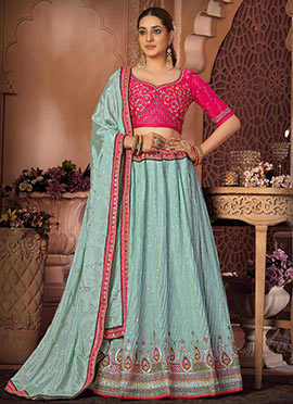 Blue Chinon Embroidery Lehenga N Choli With Dupatta