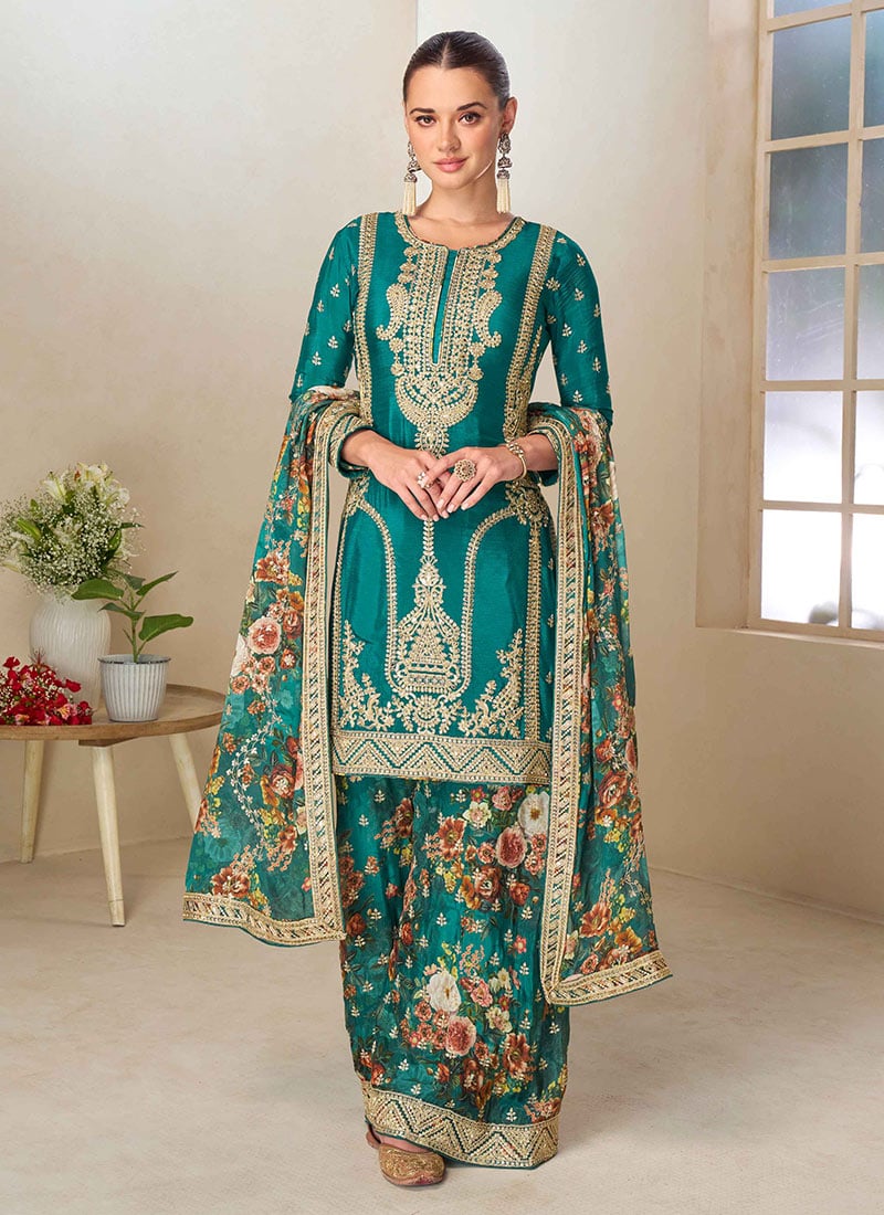Blue Chinon Floral Digital Print Zari Embroidered Sequins With Mirror Work Palazzo Suit