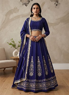 Blue Chinon Golden Thread Embroidered Sequins Lehenga
