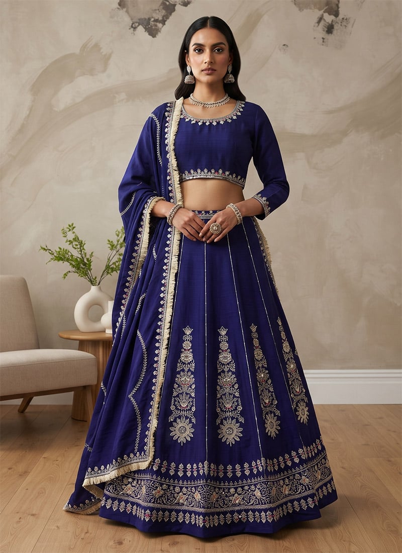 Blue Chinon Golden Thread Embroidered Sequins Lehenga Wedding Wear
