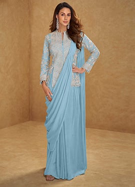 Blue Chinon Hand Embroidered Sequins With Mirror Work Indowestern Predraped Saree