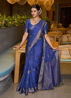 Blue Chinon Jacquard Woven Saree Festive Wear