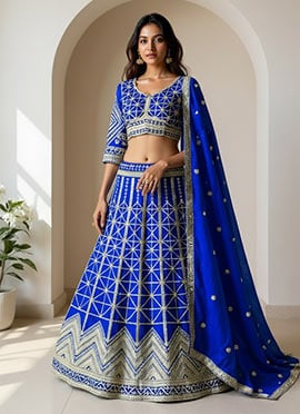 Blue Chinon Lehenga With Embroidery And Sequins Work