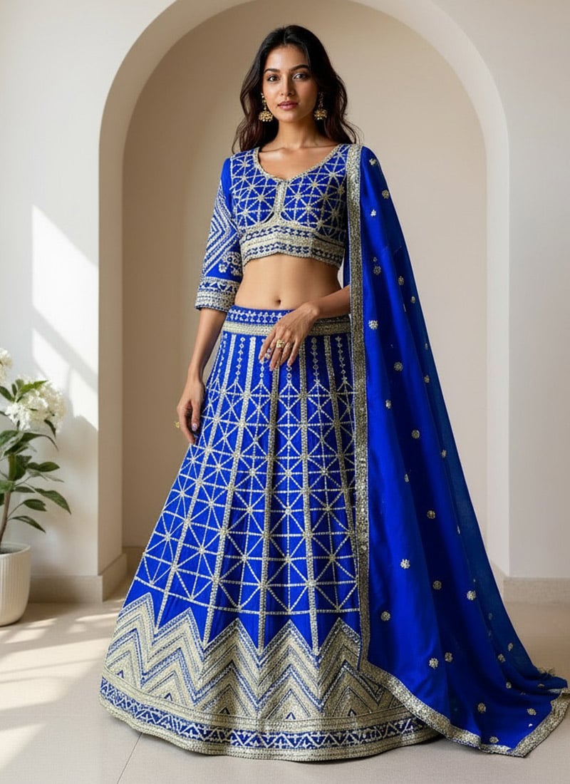 Blue Chinon Lehenga With Embroidery And Sequins Work Wedding Wear