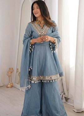 Blue Chinon Mirror Work Palazzo Suit