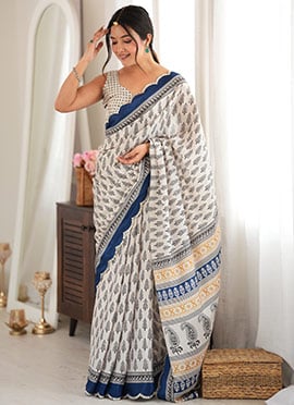 Blue Chinon Mirror Work Printed Saree