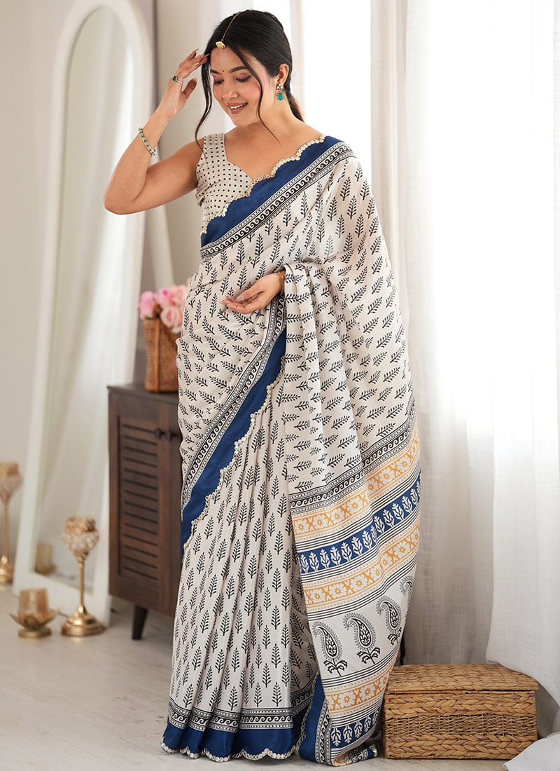 Blue Chinon Mirror Work Printed Saree After Six Wear