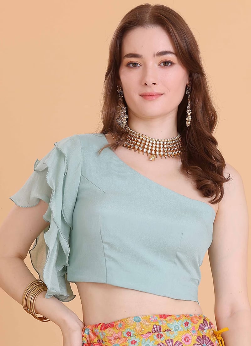Blue Chinon One Shouldered Blouse Festive Wear